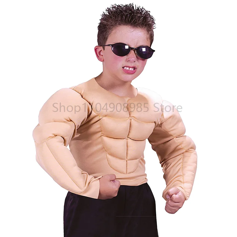 

Boys Fake Muscle Shirt Costume Children Superhero Muscle Shirt Wrestler Halloween Party Costume For children