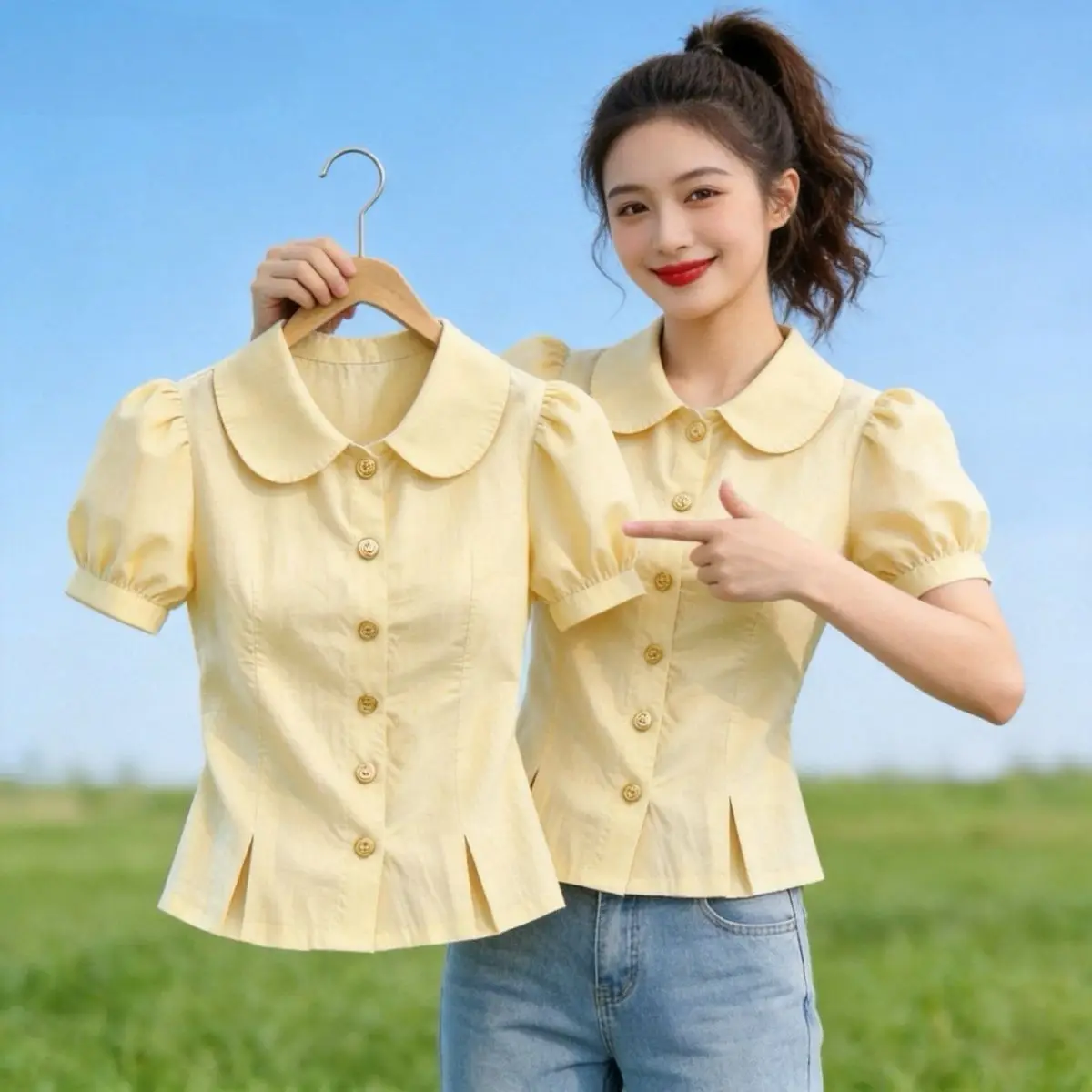 

Fashionable Color Short Sleeve Shirt Women's Summer New Sweet Doll Collar Design Sense Elegance Open Cardigan Top