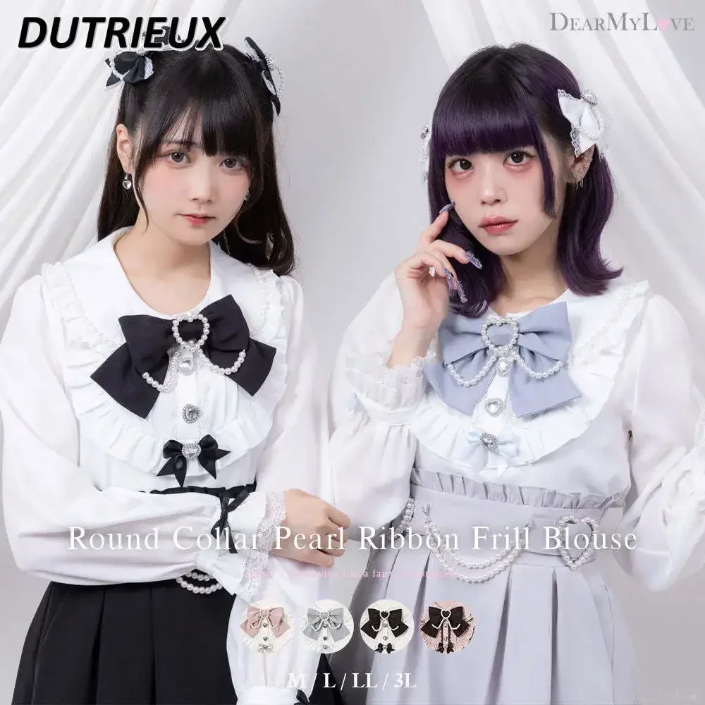 Japanese Style Sweet Blouse Kawaii Girls 2024 Summer New Bow Doll Collar Ruffled Underwear Shirt Preppy Style Camisas De Mujer