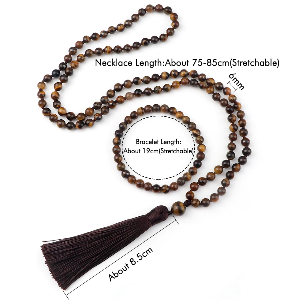 マット & 光沢のある黒のポニーラビーズネックレス,女性と男性のための手作りの結び目ジュエリーセット,ヨガ,瞑想,108