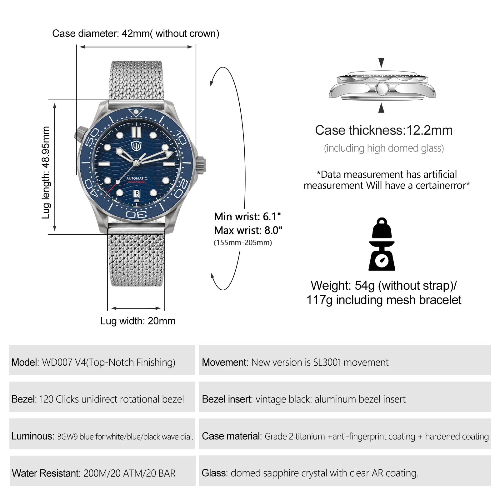 Watchdives WD007 NTTD V4 Mens Dive Watch 200M Waterproof SL3001 Automatic Titanium Case Sapphire Crystal Vintage Watch Gift view 5