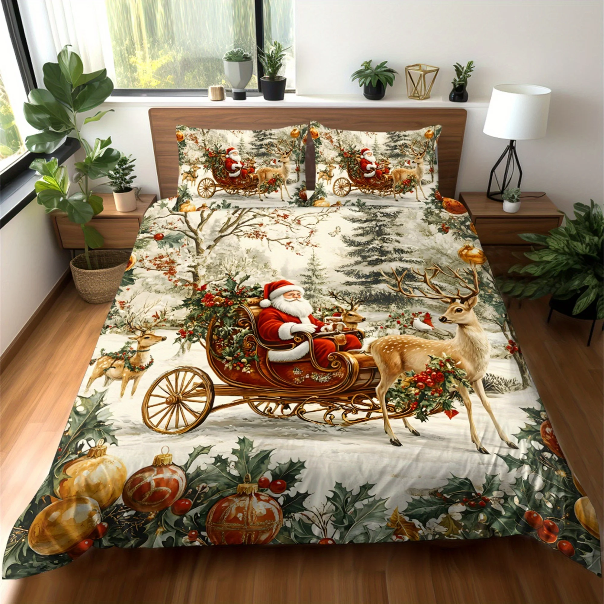 Christmas Santa Claus Sleigh Reindeer Snowman and Snowflake Gift Pattern Super Soft Fleece Digital Printing Quilt Cover Bedding