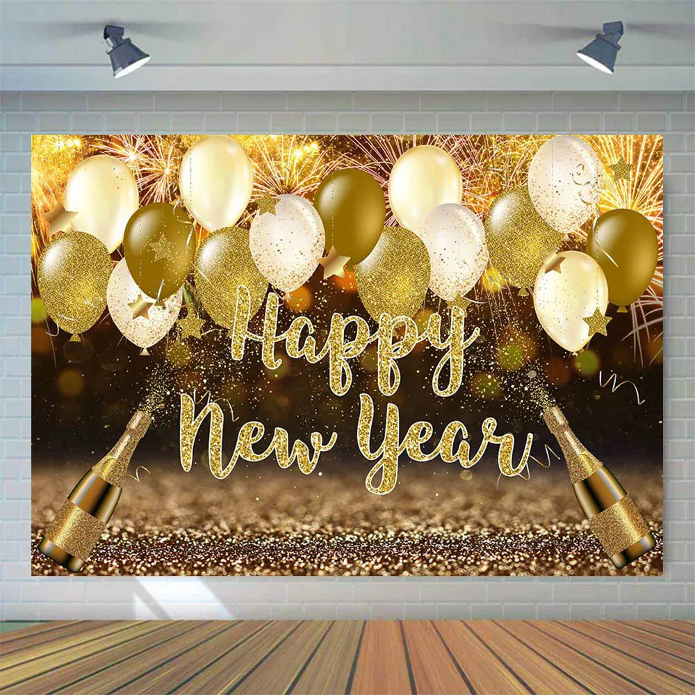 Mocsicka-Toile de fond de bonne année, ballon doré scintillant, feu d'artifice champagne, fond de photographie, décor de fête, accessoires de studio photo