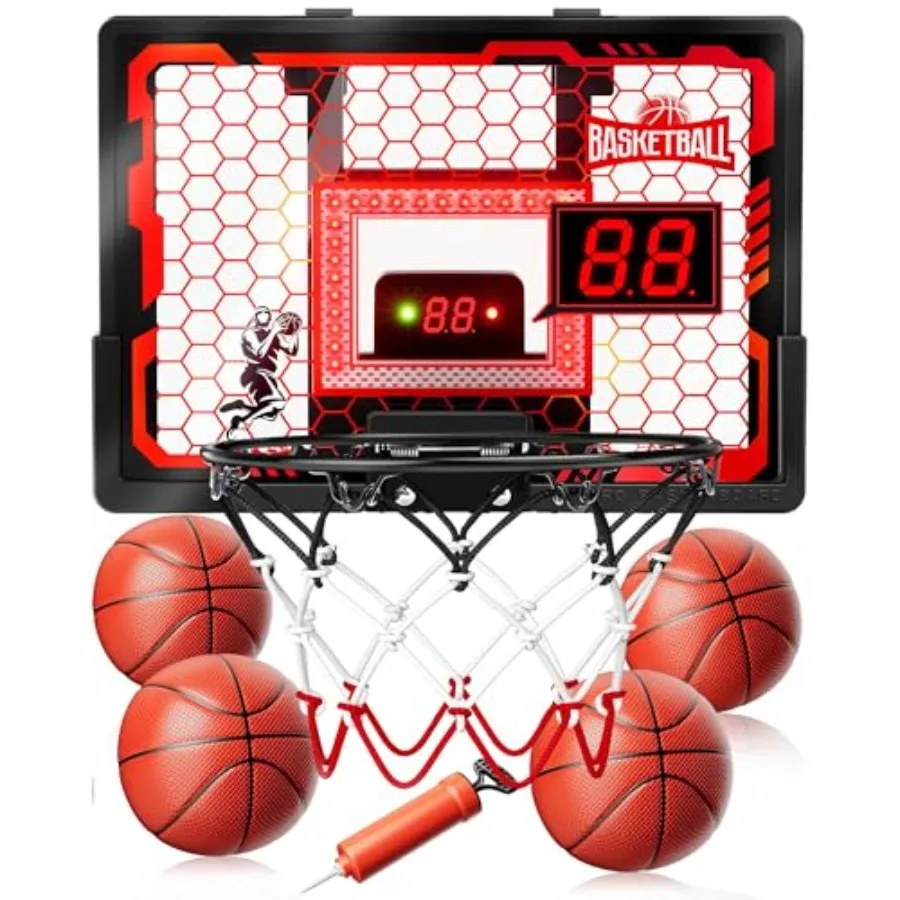 

Баскетбольное кольцо для дома Pro, устанавливаемое на дверь, с LED-подсветкой/табло/4 мячами - улучшенная ударопрочная задняя панель