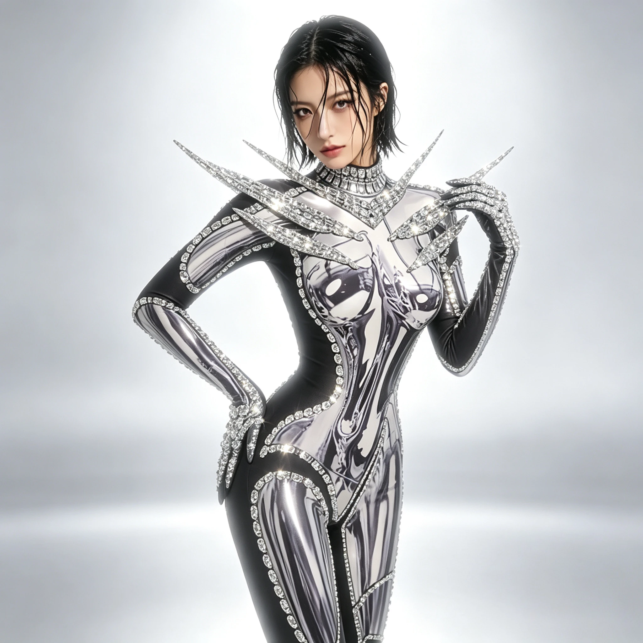 Halloween Party Cosplay Costume Silver Metallic Printed Rhinestone Trim Catsuit Women  Stage Performance Singer Dance Jumpsuit
