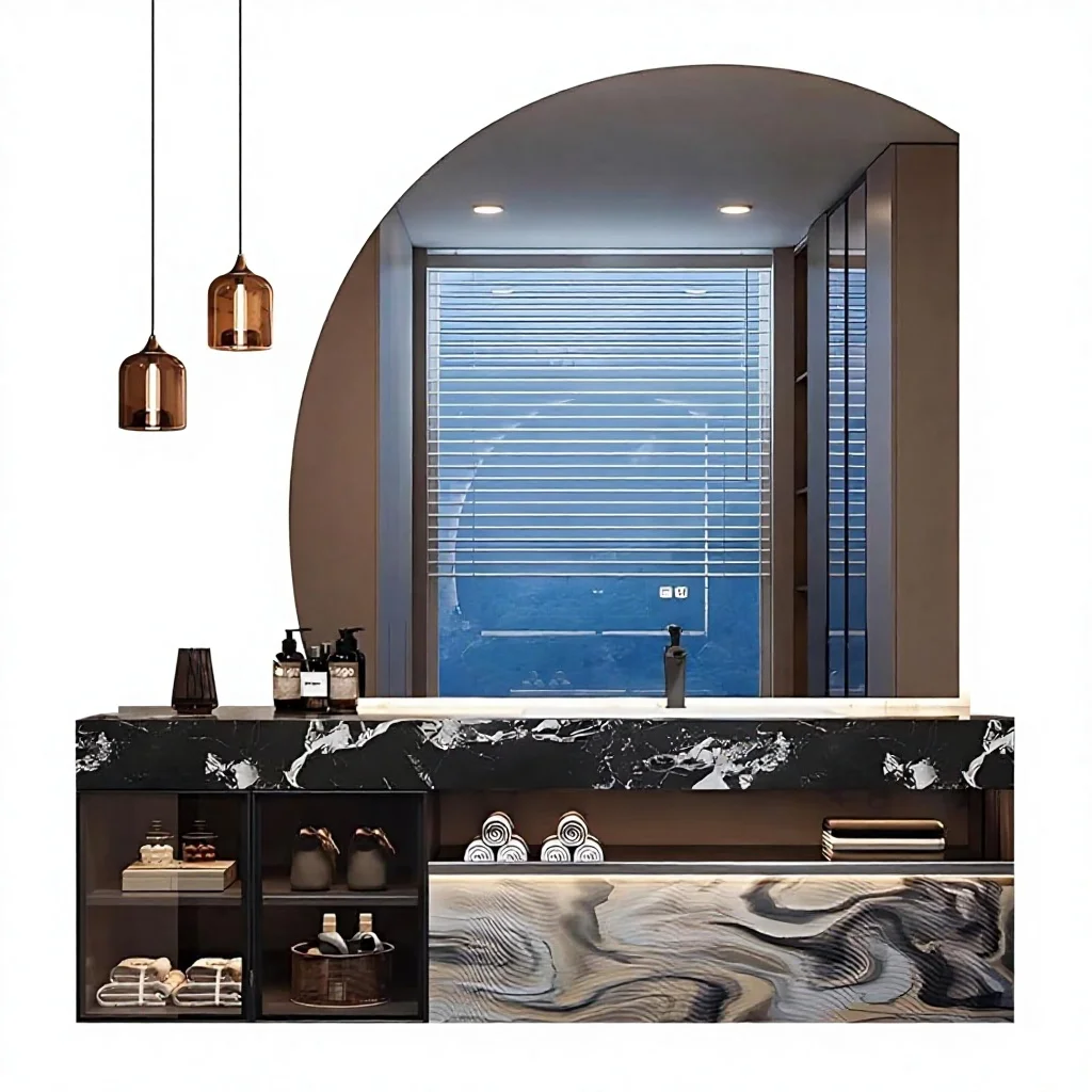 Modern Luxury Design Wood Wall-Mounted Smart Defog Arched LED Mirror Ambient Light Strip Floating Bathroom Vanity Sink