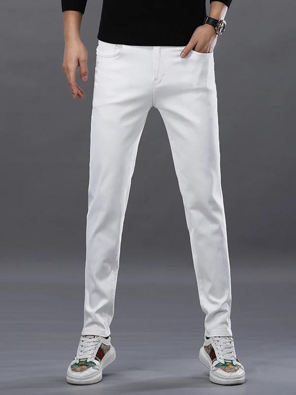 

Luxury Embroidered White Jeans Men's Youth Slim Fit Pants Spring Autumn New Sle ket Design Cotton Casual Wear
