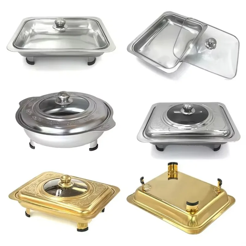 Camping Dinnerware Stainless Steel Dish Buffet Stove Rectangular Grilled Fish Plate Food Tray with Lid for Hotel Restaurant