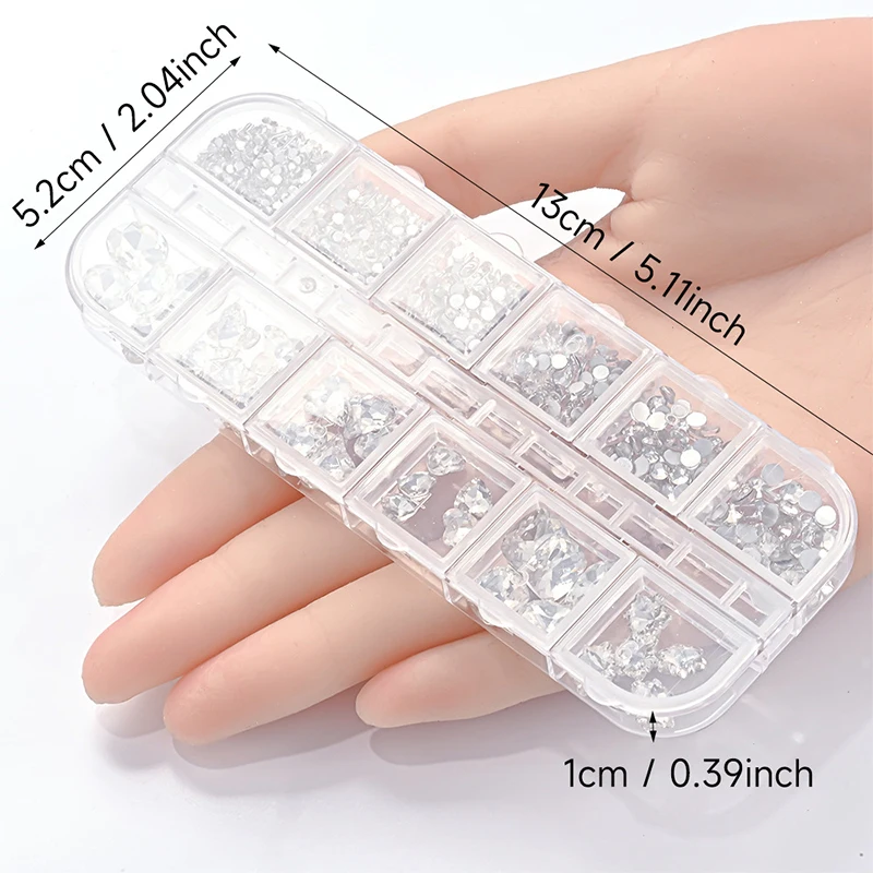 Arte de uñas con diamantes de imitación, 12 rejillas, gemas de cristal planas coloridas, decoración de manicura DIY, diamante de uñas 3D para maquillaje, uñas y manualidades