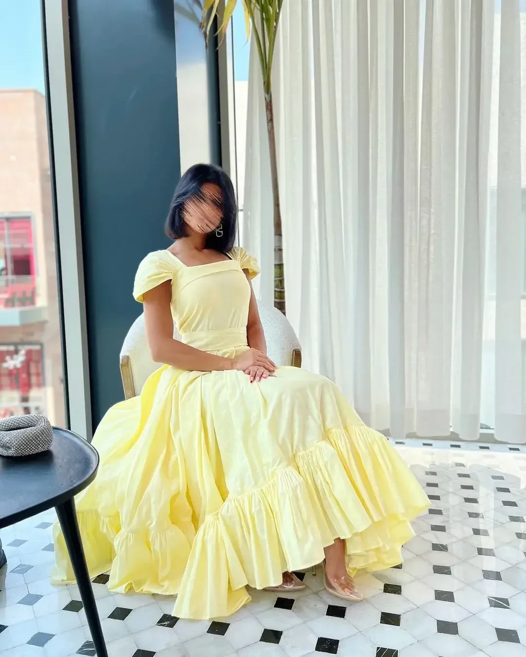 

Scoggins Light Yellow Formal Evening Dresses Short Sleeves Prom Dresses Square Pleated Ankle Length Women Party Dresses Zipper