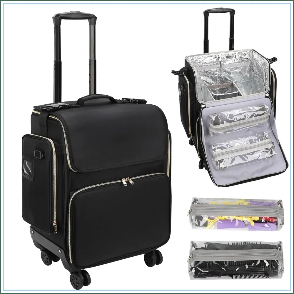 

Large Makeup Train Case for Hairstylists - Cosmetic Organizer with Detachable Pouch, Heat-Insulated, 360° Swivel Wheels