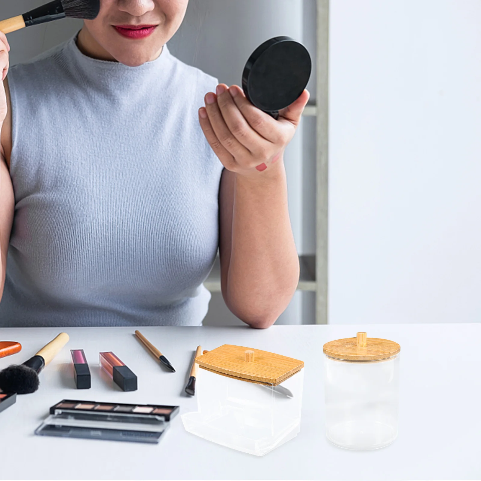 

1 Set Bamboo Lid Cotton Swab Box Acrylic Storage Case For Cotton Pads Toothpicks Holder Bathroom Countertop Jars Small Portable