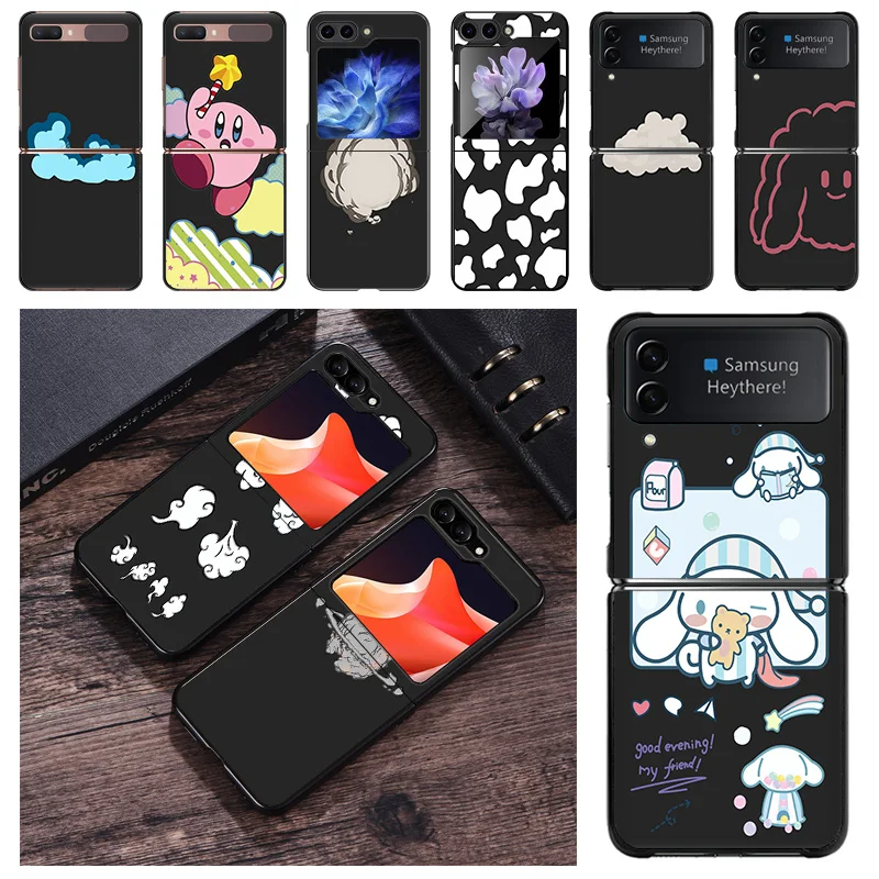 Hard Phone Cases For Samsung Z Flip 6 5 4 3 Galaxy Flip6 5G Flip5 Flip4 Flip3 Cartoon Flaky White Clouds PC Black Matte Cover