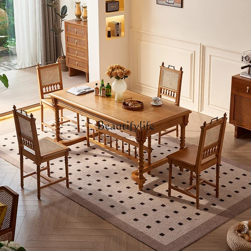 

yj32 French retro solid wood home rectangular American carved log dining table light luxury modern