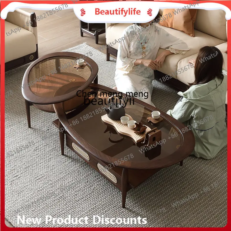 

scn8617 Water Drop Coffee Table Black Walnut Solid Wood Glass Size round Combined Tea Table Living Room Retro