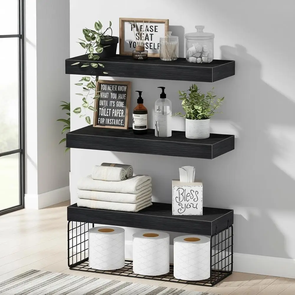 

Over Toilet Wall Mounted Floating Shelves - 16 Inch Set of 3, Black, Small Space Bathroom Storage