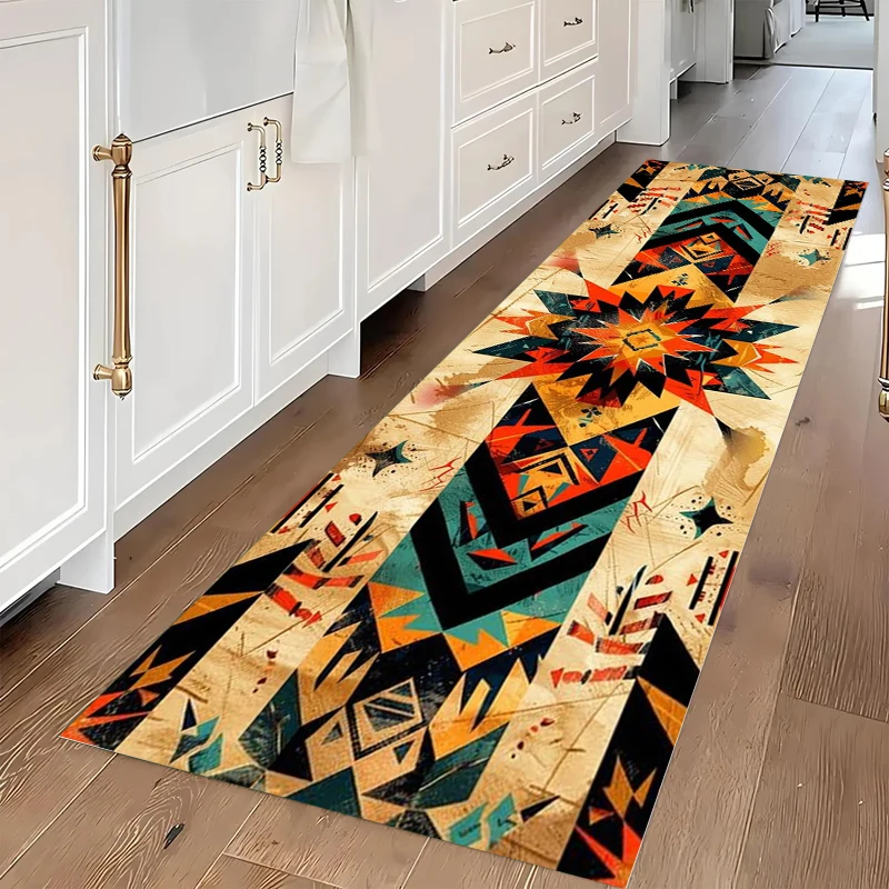 Vibrant Bohemian Tribal Floral Kitchen Runner Rug Colorful Aztec Print NonSlip Floor Mat for Hallway Entryway Home Decor