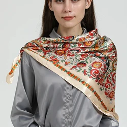 Ethnic Style Print Kerchief Female Hijab Scarfs Fashion 90X90CM Square Scarves Ladies Wholesale Silk Satin Shawls And Wraps