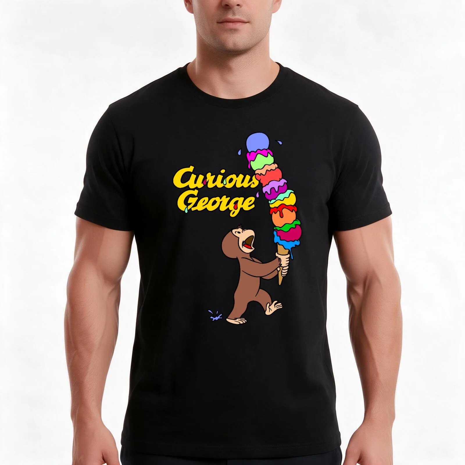 Curious George Has An Ice Cream Treat T-Shirt, Summer Casual Cotton Tee, Oversized Streetwear Tops, Vintage Graphic Print