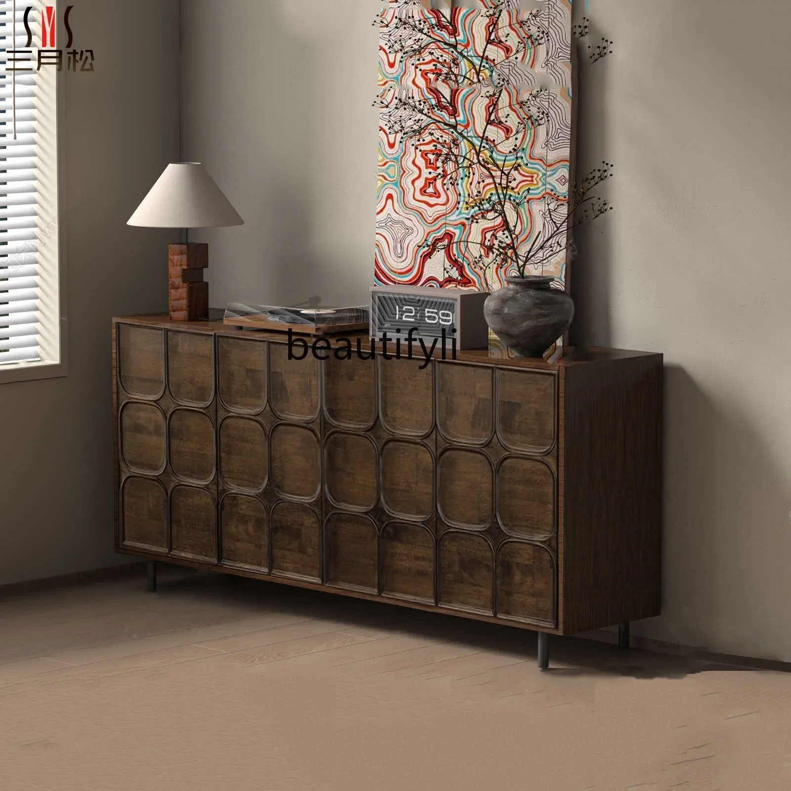 

A13 American porch cabinet antique living room locker solid wood decorative relief side cabinet
