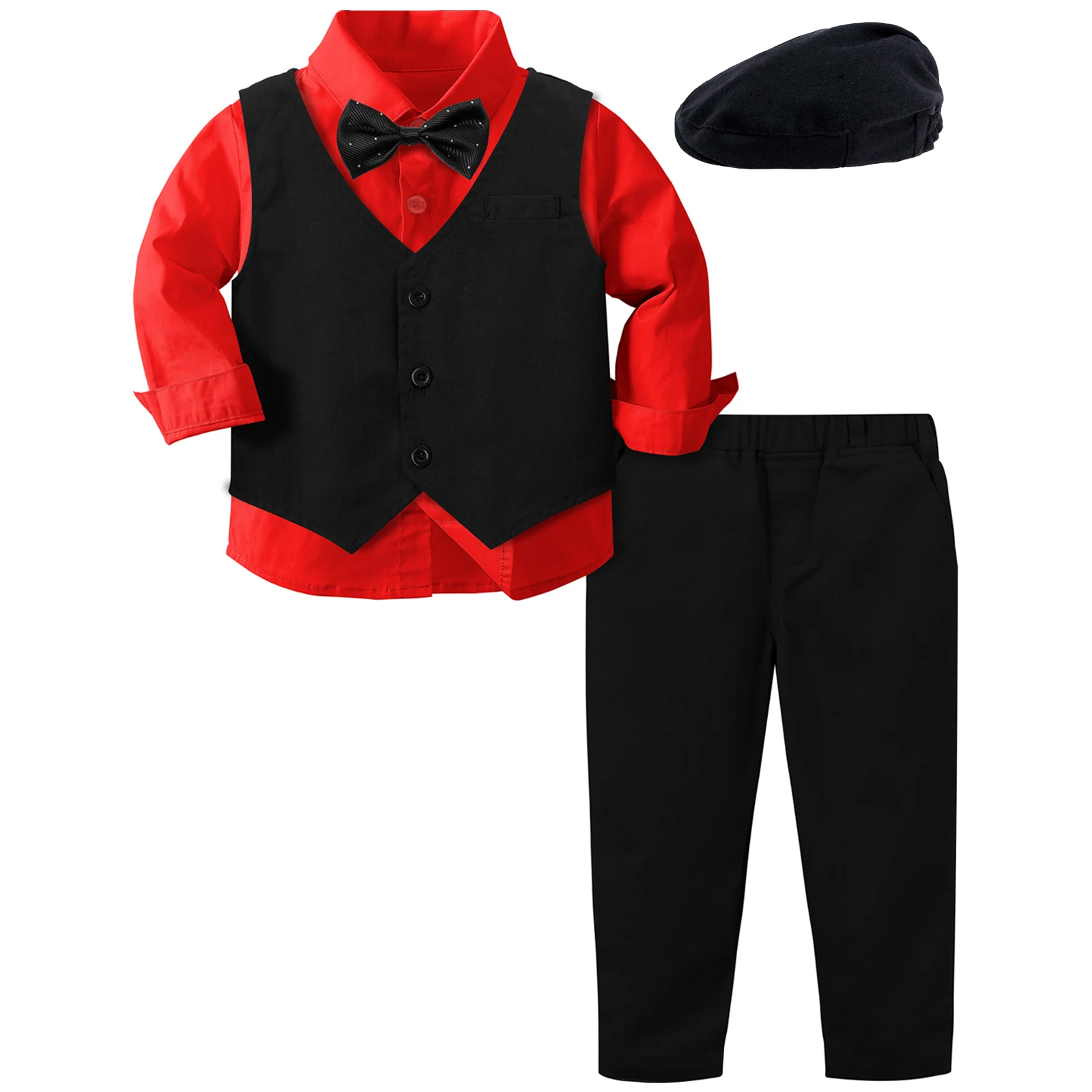 Toddler Christmas Formal Suit Kids Boys Red Black Clothes Set Baby Wedding Outfit Birthday Gentleman Shirt Pants Vest Bowtie