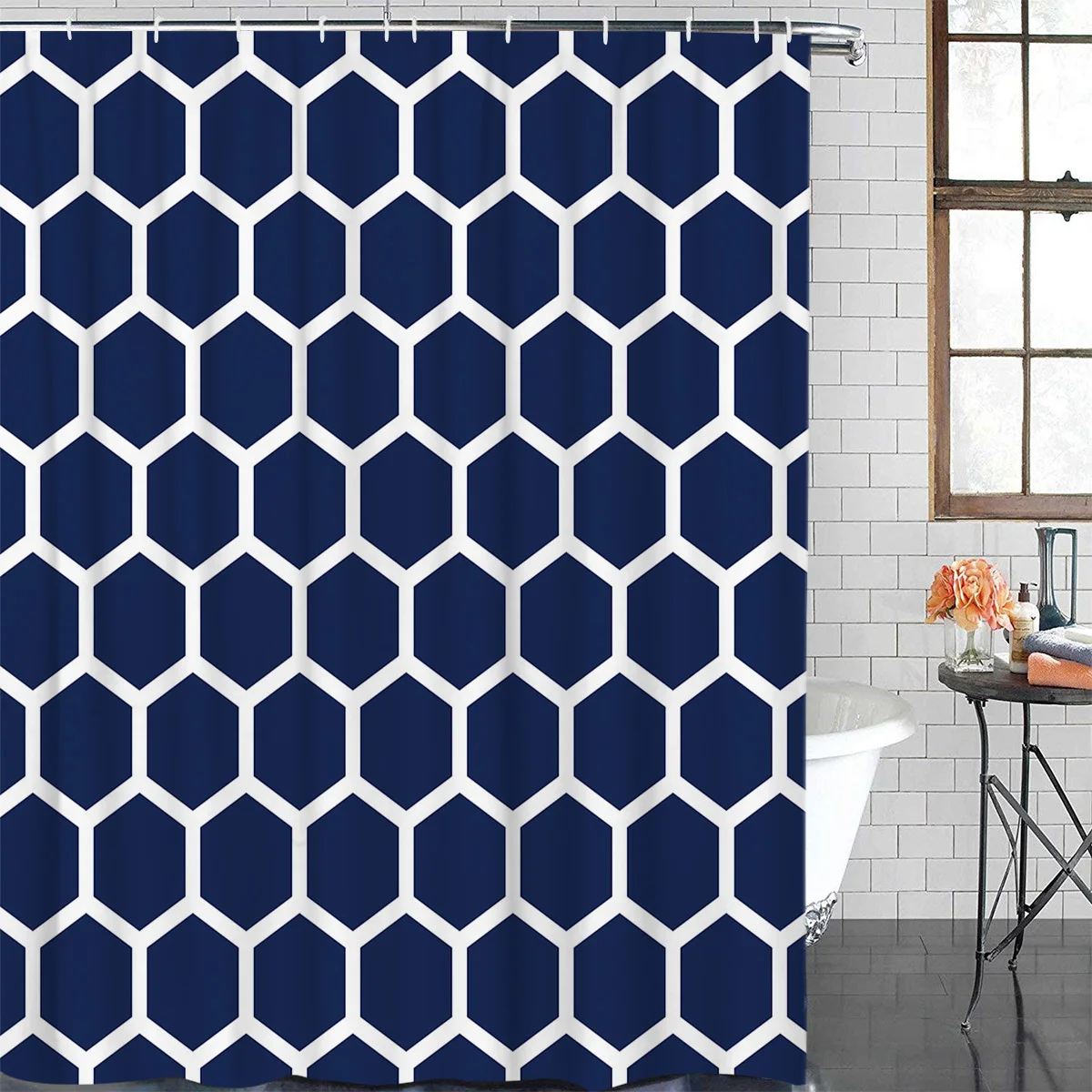 Morocco Hexagonal Indigo Blue Geometric Waterproof Bathroom Decoration Shower Curtain Printed Bath Curtains Bathroom Accessories