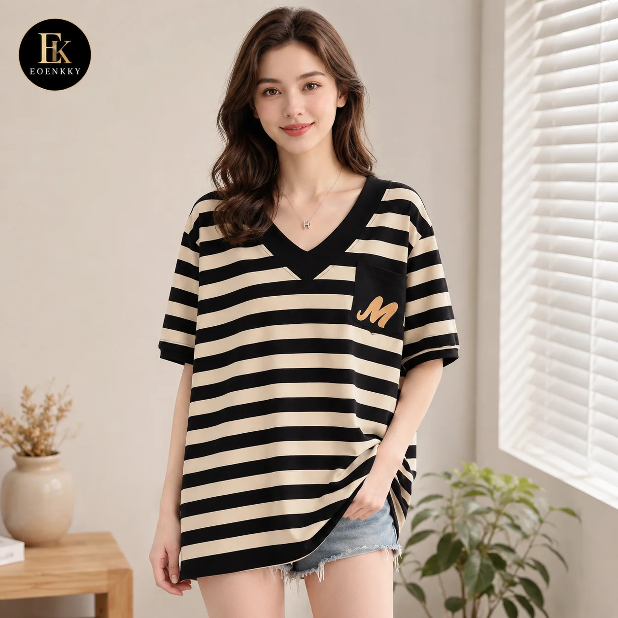 Longline Tee Oversized - EOENKKY T-shirt rayé surdimensionné pour femme,