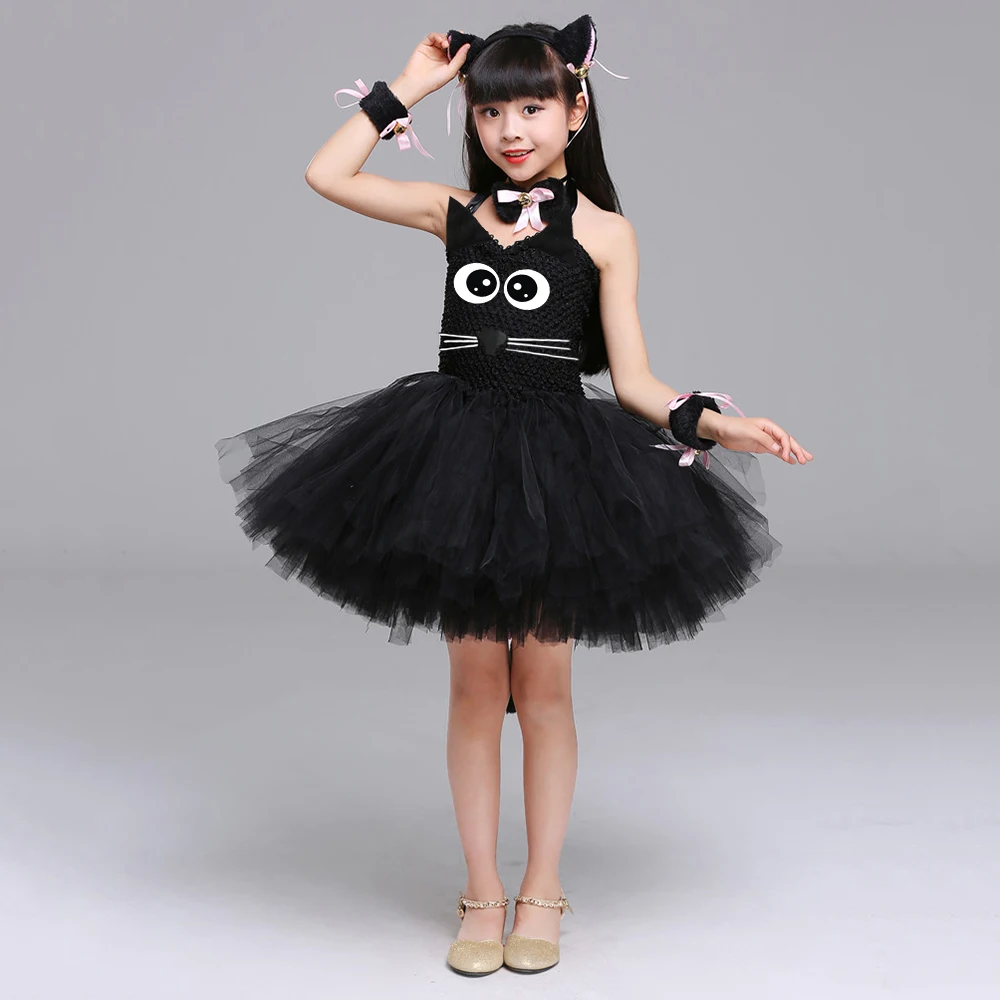 Kitty Tutu Dress Outfit For Kids Black Cat Animal Halloween Costumes Toddler Baby Girl Fancy Performance Birthday Party Dress