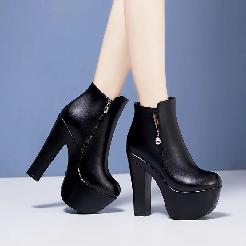 High quality short ankle leather boots for women 15cm mid heel platform new 2025 autumn winter 32 33 43 fashion shoe black