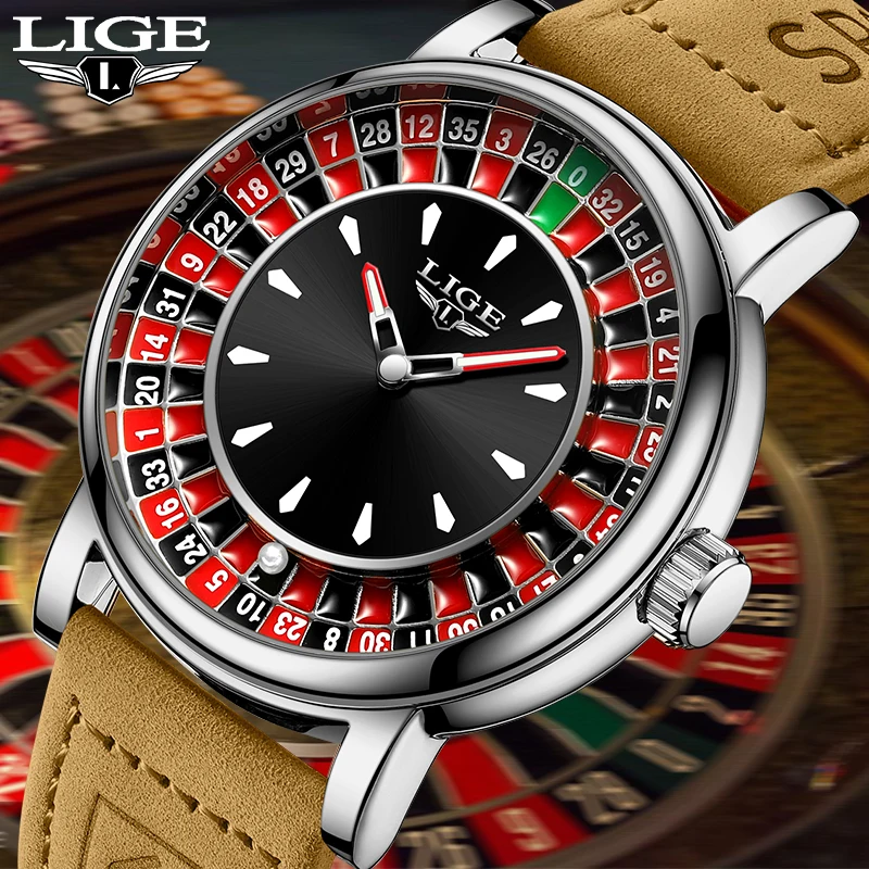 

Мужские часы LIGE Retro: уникальные, креативные, кварцевые, с модным циферблатом в стиле рулетки, кожаным ремешком, повседневные, спортивные, водонепроницаемые, светящиеся.