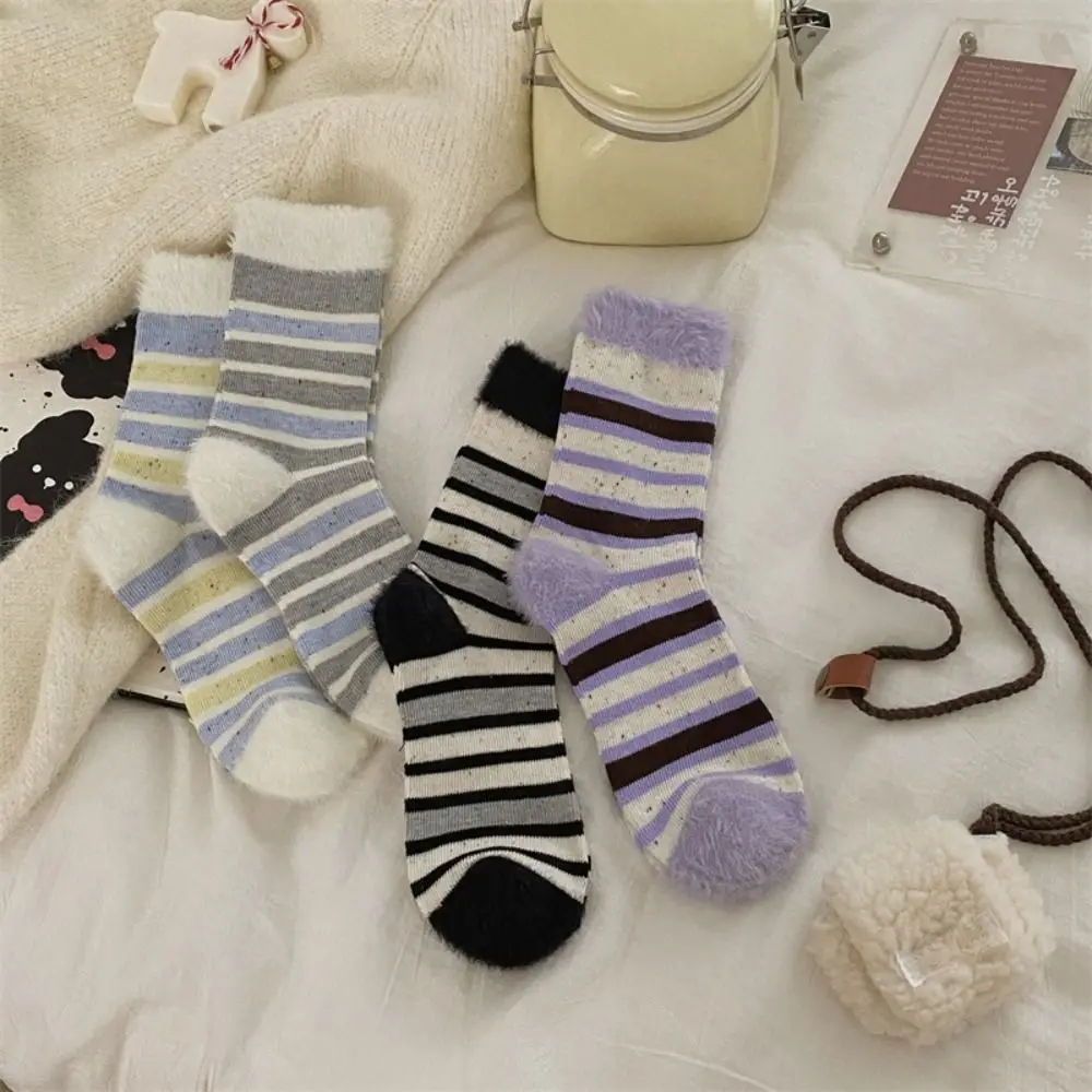 3Pairs Plush Sweet Women Tube Socks Striped Mid-calf Socks Stockings Winter Socks Furry Spot Patchwork Faux Mink Hair Hosiery