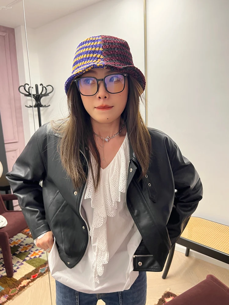 Bla Biker Sle Colletto alla coreana Cappotto da donna Jaet in pelle Taglia piccola Faionable Commuter Wind con kets Pelle PU