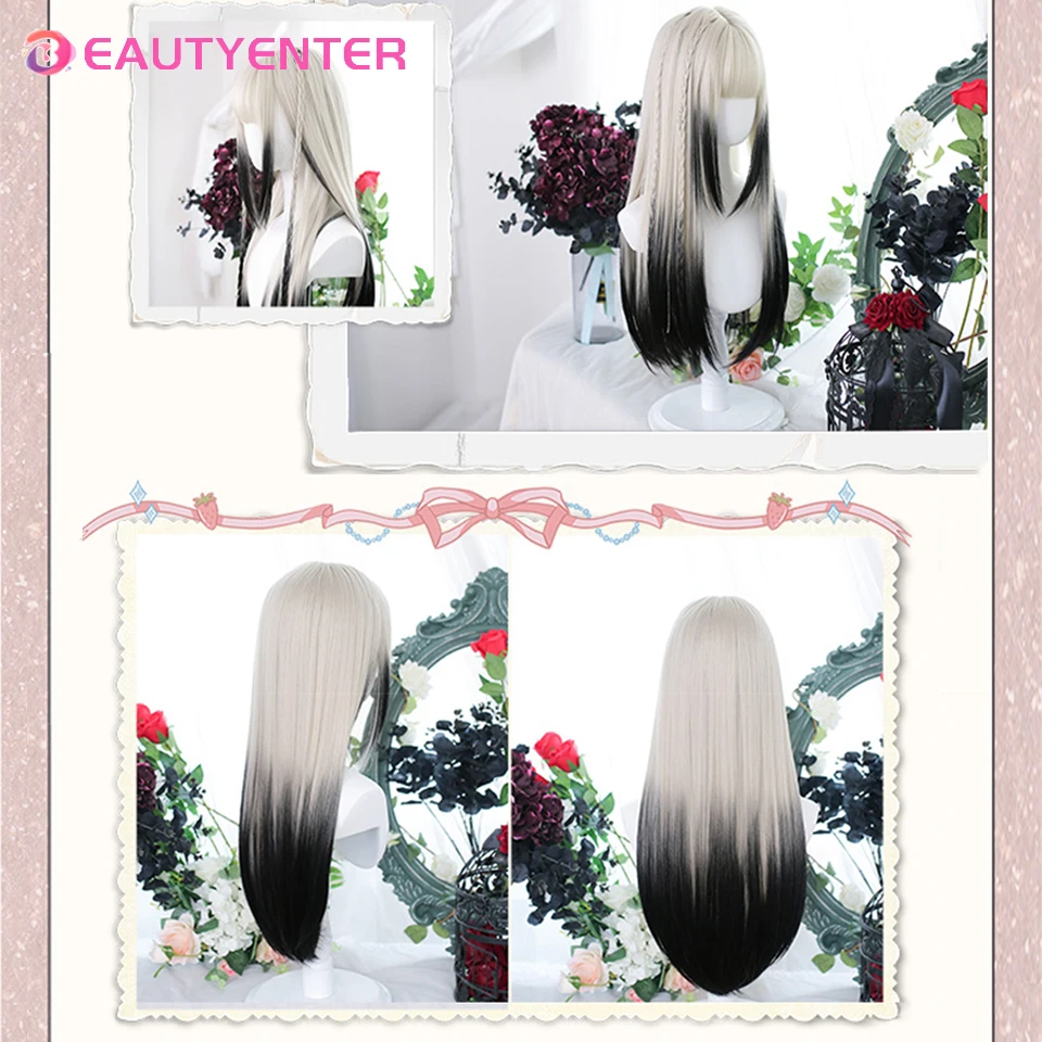 BEAUTYENTERWomen Sintético Lolita Wig Long Straight Ombre Two Tone Cabelo Preto Cinza Prateado Para Cosplay Com Franja