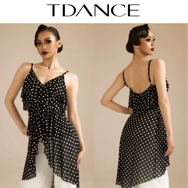 

Customized TDANCE Latin Modern Practice Dress [Polka Dot Ruffle Camisole Top] Classroom Daily with Chest Cushion JM-316