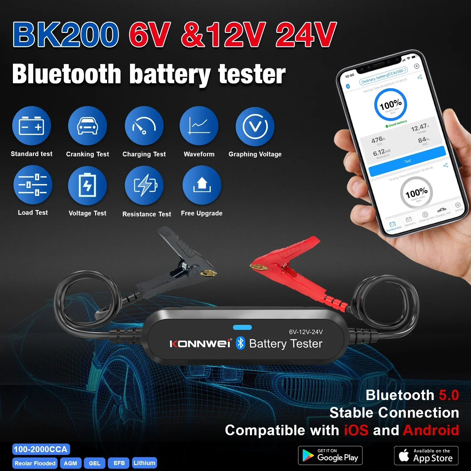 KONNWEI BK200 Bluetooth 5.0 Car Motorcycle Truck Battery Tester 6V 12V 24V Battery Analyzer 2000 CCA Charging Cranking Test Tool