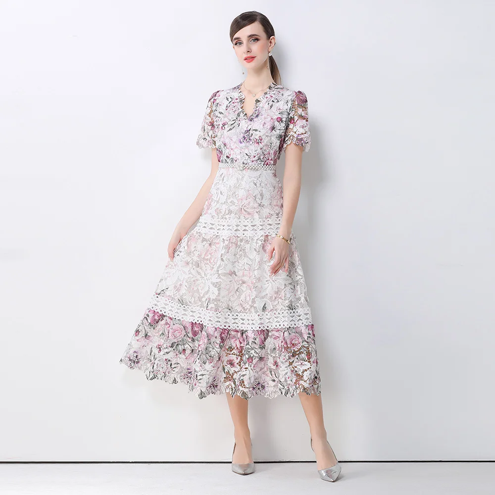 

Summer Floral Print Long Dress V Neck Lantern Sleeves Embroidery Design Hollow Out Chic A Line Beachwear Female Dress