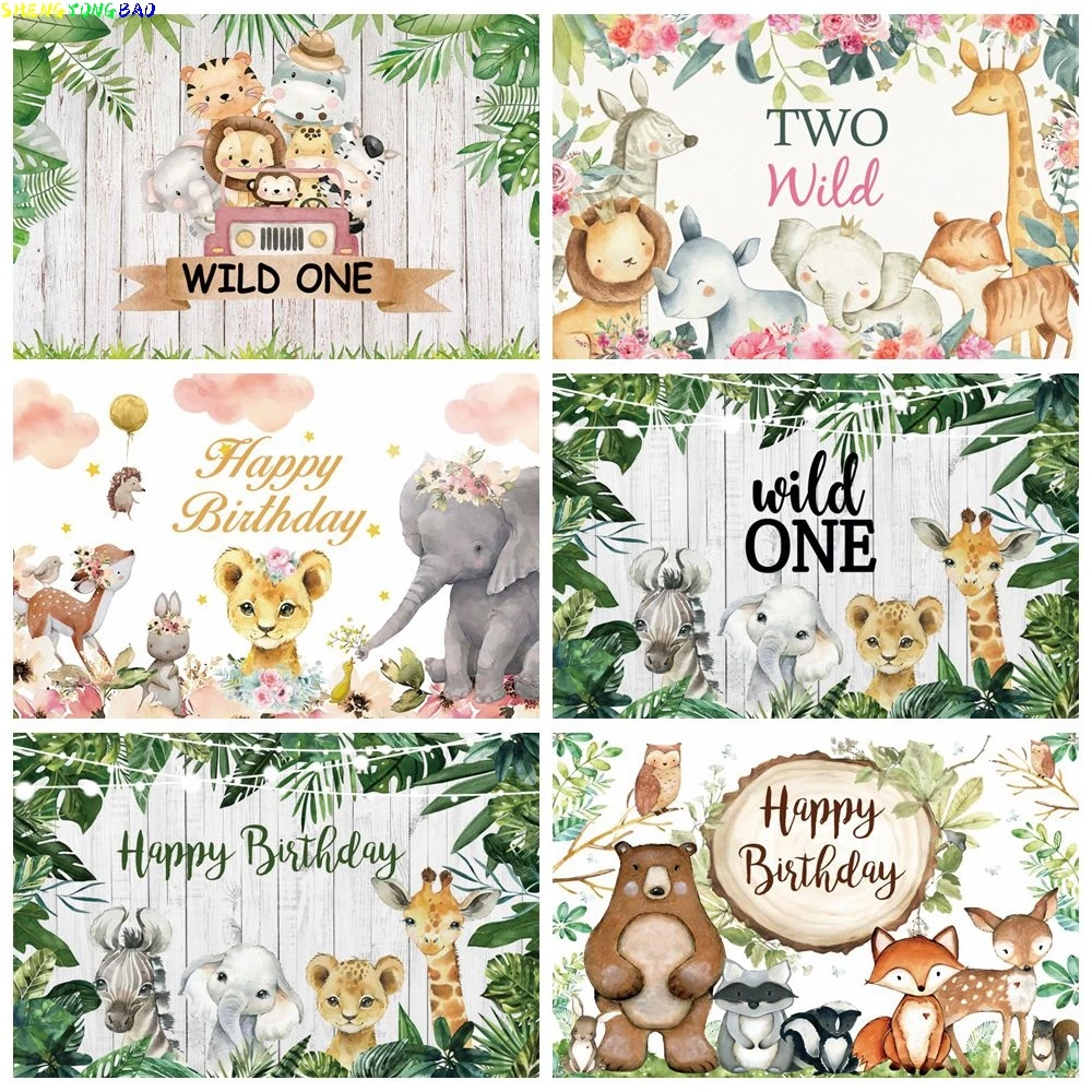 

Watercolor Wild Animal Backdrop 1st Birthday Party For Boy Girl Newborn Baby Shower Jungle Customized Background Photography