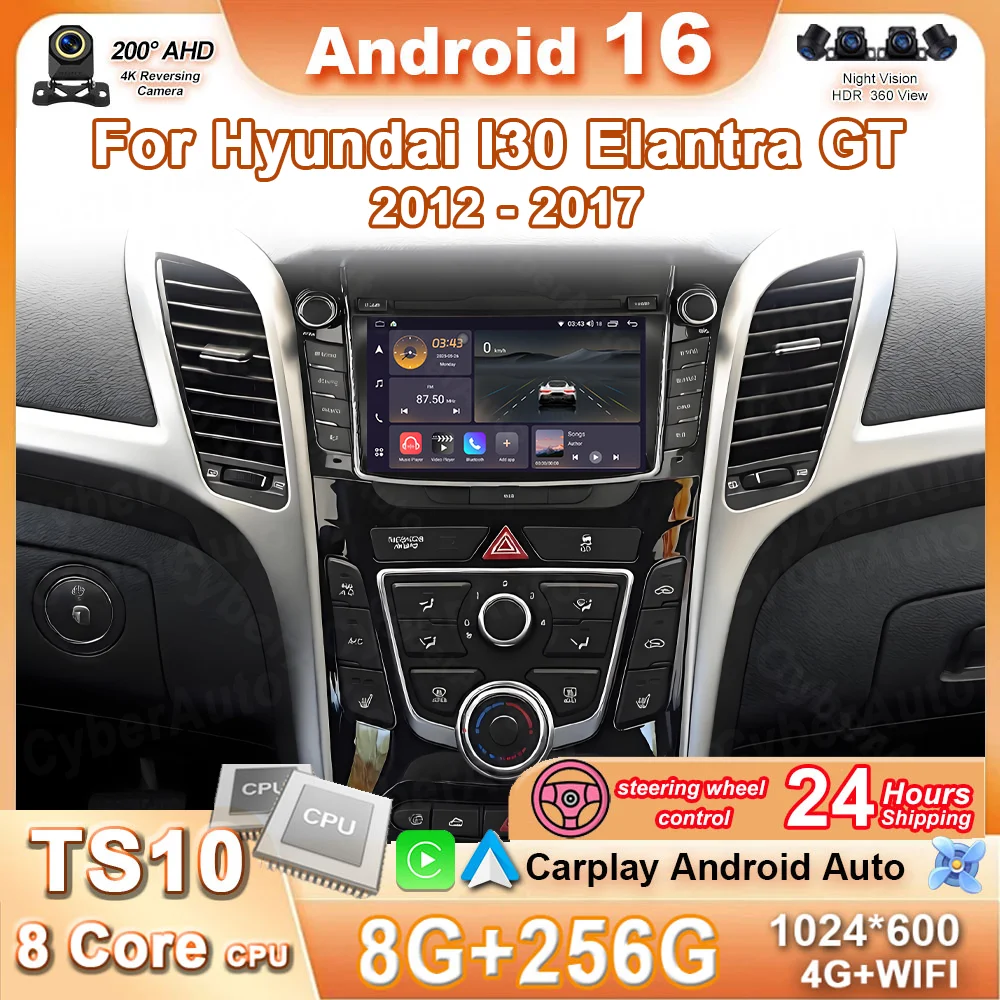 7-calowy radio samochodowe z funkcjami multimedialnymi, GPS, DSP, Android 16, Carplay, Auto, QLED, WIFI, 4G, DVD do Hyundai I30 Elantra GT 2012 - 2017
