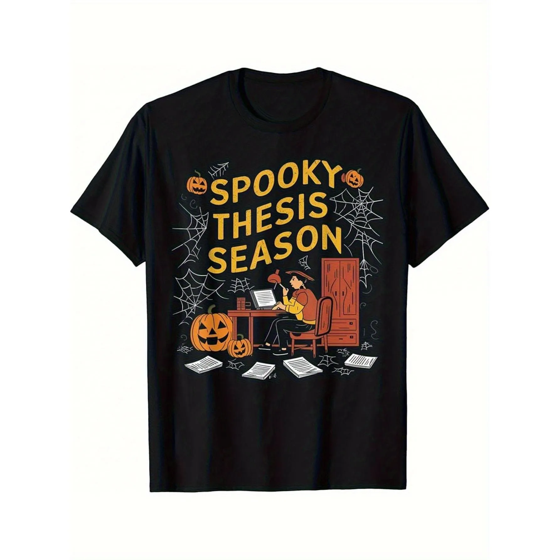 Men's Funny PhD Student T-Shirt - Spooky Thesis Season Design with Ghosts, Bats Academic Humor