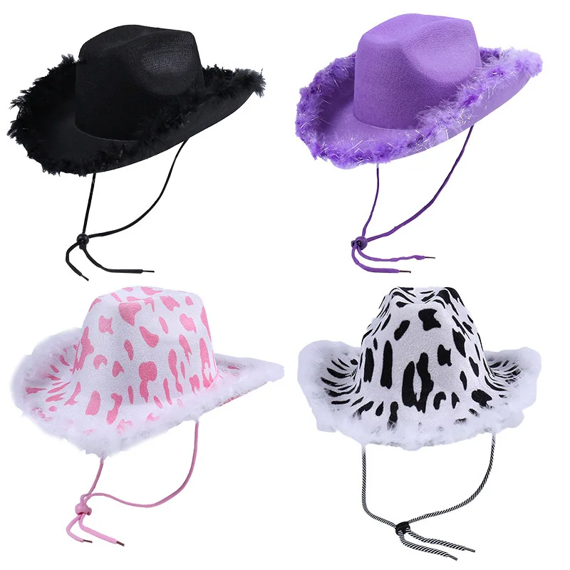 Western Design Pink Cowboy Hat Women Performance Lanyard Fancy Dress Hat Fashion Feather Decor Travelling Outdoor Hat Dress Up