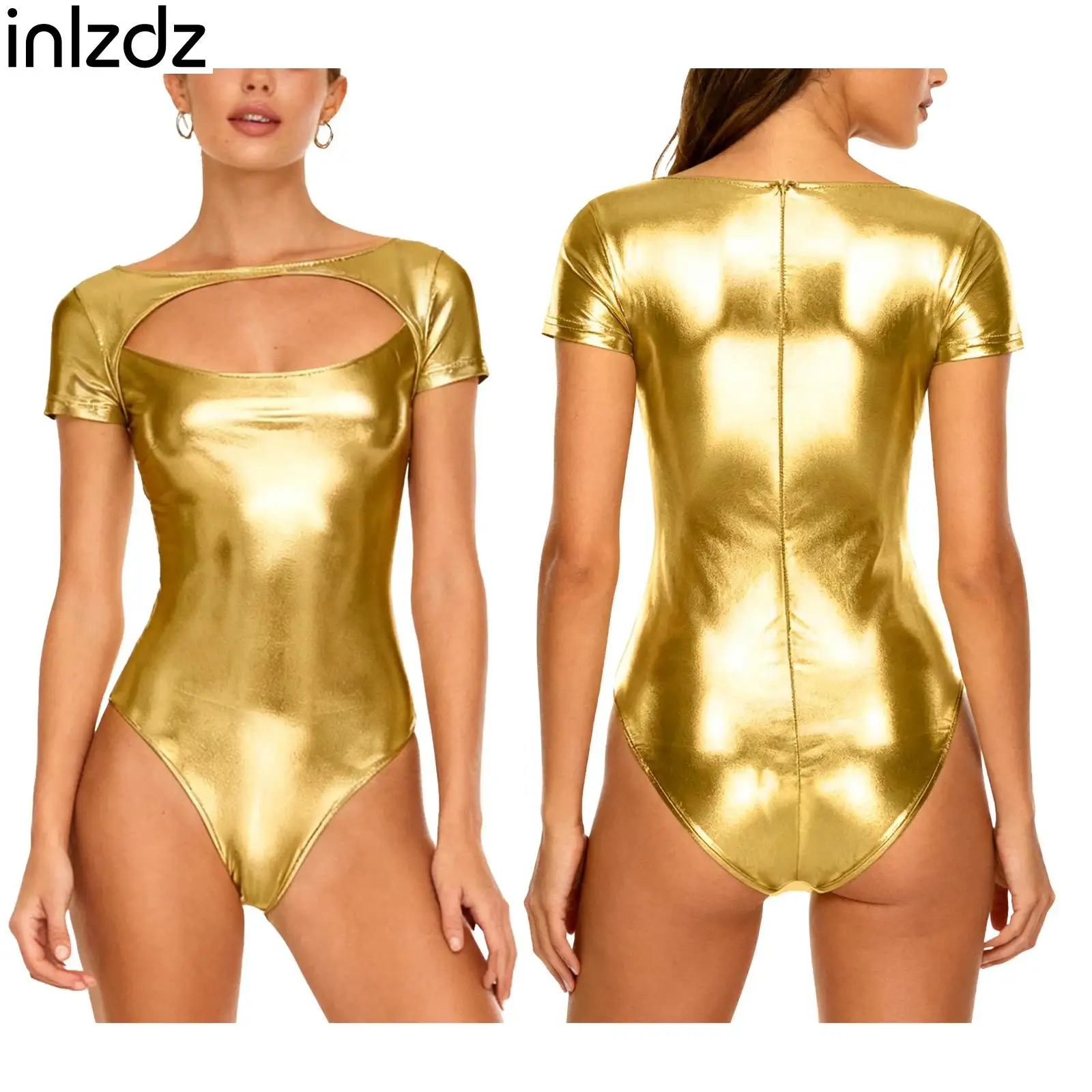 

Женский блестящий боди металлик спереди с вырезом и короткими рукавами, узкий купальник, комбинезон для танцев на пилоне, рок-музыка, фестиваля, клубная одежда