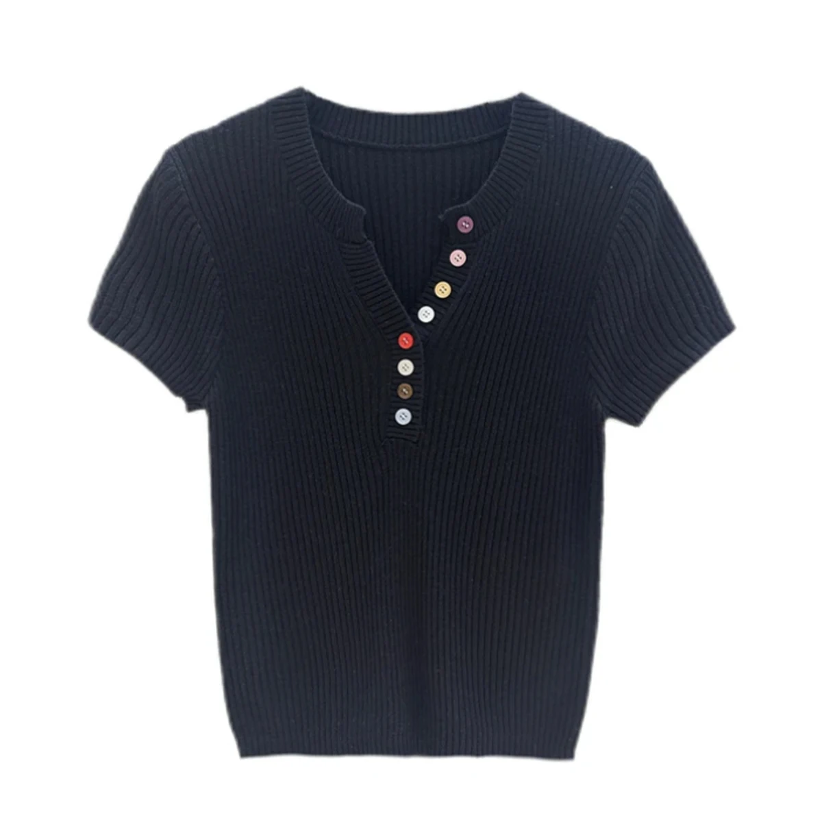 Zjaiss Damen Sommer 2026 Neu Dopamin Bunter Knopf-V-Ausschnitt T-Shirt Kurzarm Strickoberteil Elegantes Modisches Süßes Schickes Top