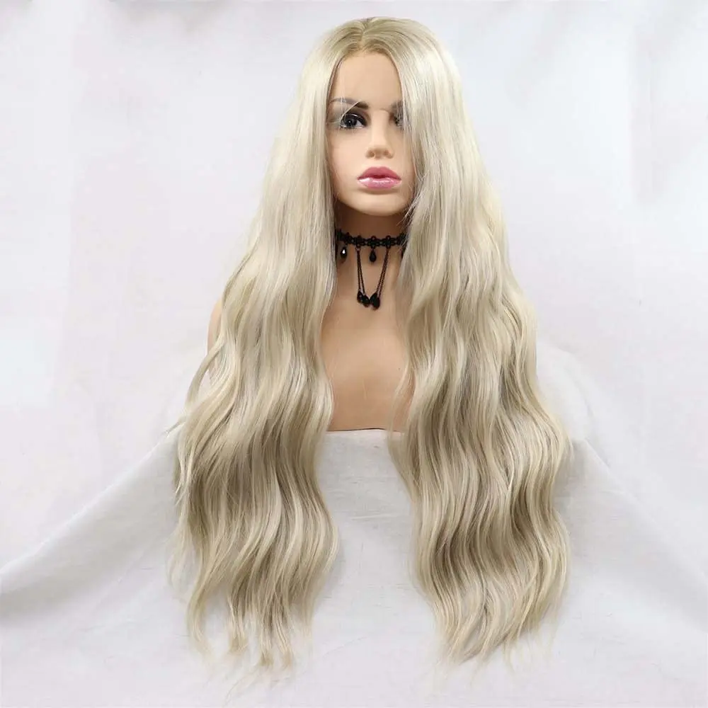 Parrucche bionde Sylvia Parrucche bionde anteriori in pizzo sintetico con radici marroni Parrucche ondulate lunghe sciolte in fibra resistente al calore Riga centrale