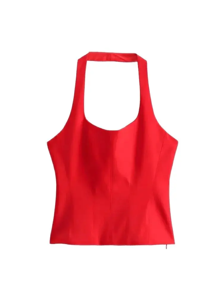 TRZA-Women's Backless Halter Fitted Tank Tops, Female Camis, O Neck, Side Zipper, Sexy Fashion