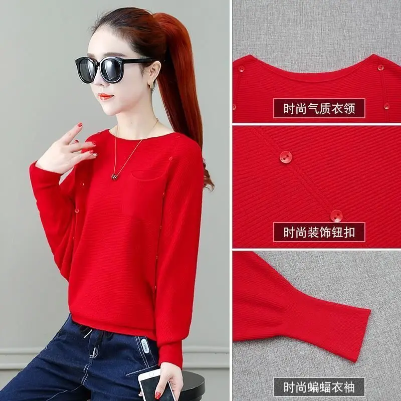 Simple Solid Color Fashion Batwing Sleeve Sweaters Spring Autumn Button Spliced Loose Ladies Elegant Round Neck Knitted Jumpers