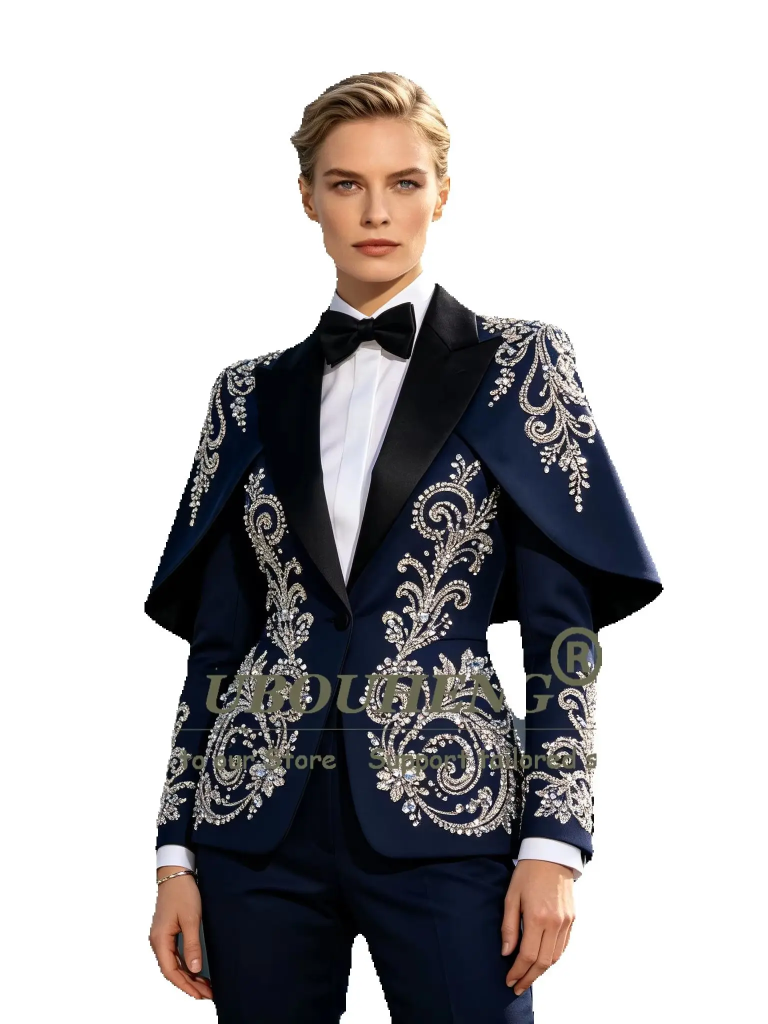 Twinkling Beading Sequin Women Tuxedo Suit Slim Fit Single Breasted Prom Blazer WIth Cape Customized Bride's Mother Dress Luxury