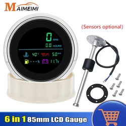 85mm 6 in 1 Tachometer Fuel Level Water Temperature Oil Pressure Voltmeter Hour Meter LCD Gauge For Boat Car 12V Customized