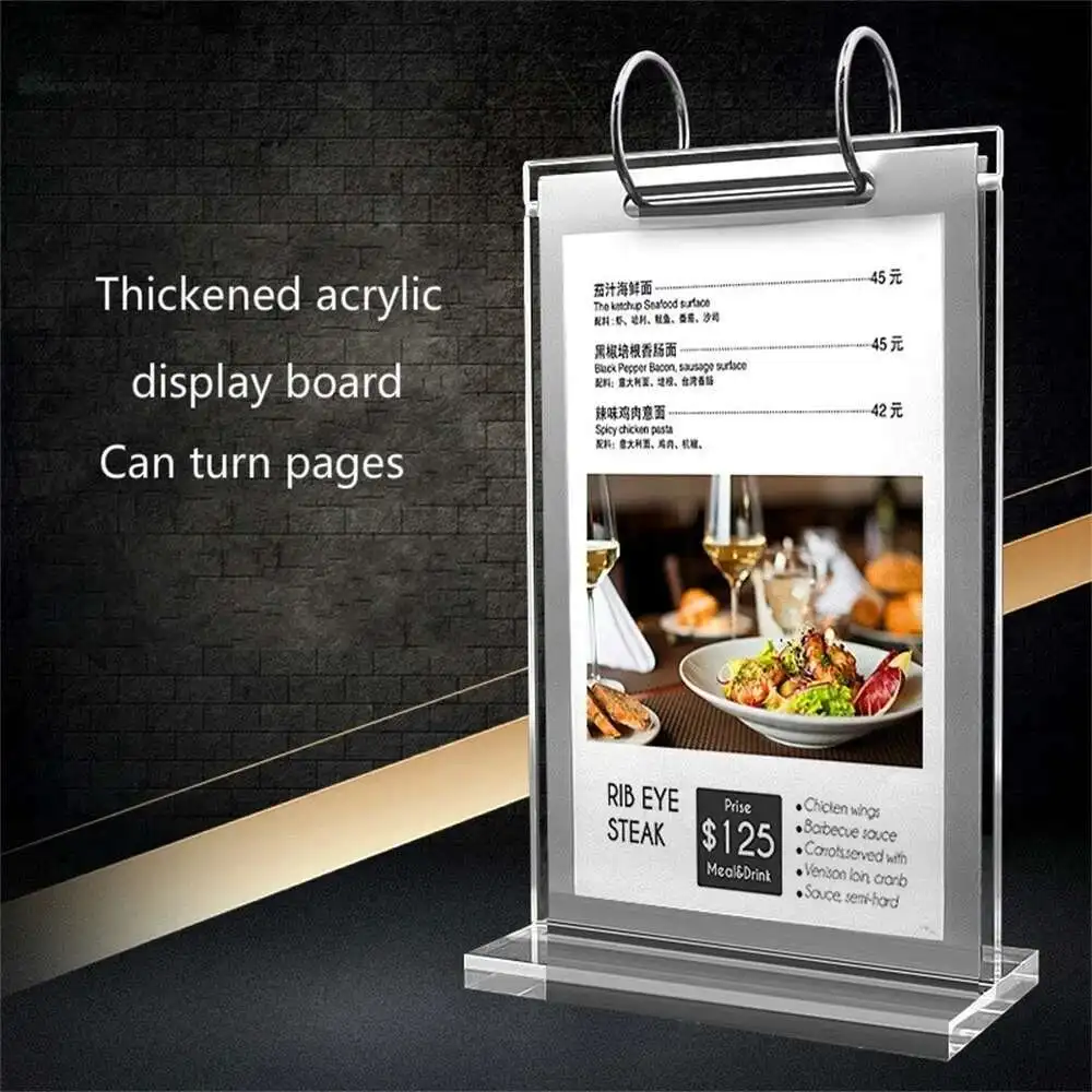 A4 Acrylic Pages Turning Menu Paper Sign Holder Stand Restaurant Table Price Label Listing Card Frame Display Racks