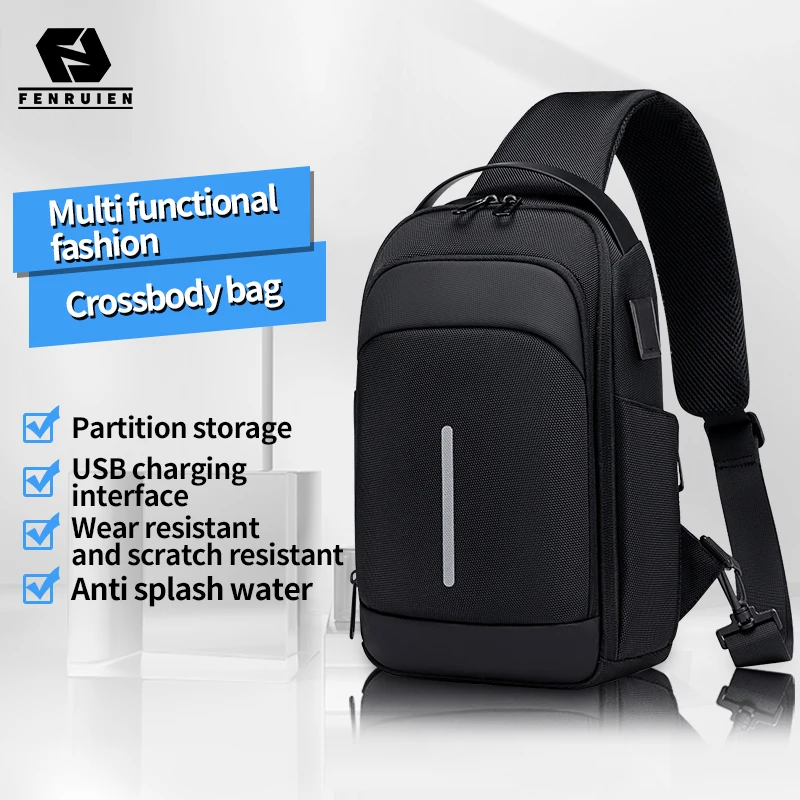 Fenruien Men\'s Bag Shoulder Bag Multifunction Anti-theft Waterproof Male Crossbody Bag Casual Short Trip Chest Pack USB Charging