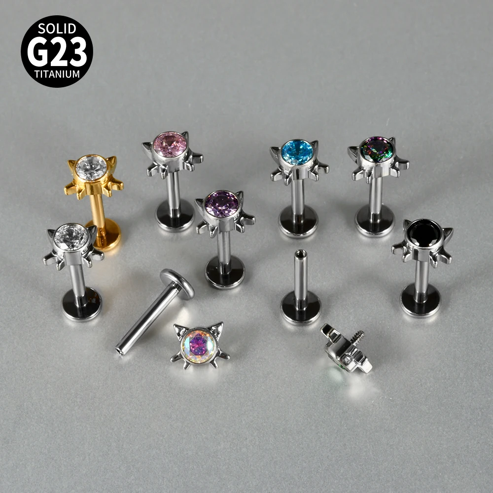 1PC Titanium Zirconia Cute Cat Rook Helix Stud Tragus Cartilage Earrings Animal Lobe Labret Lip Fashion Piercing Jewelry 16G
